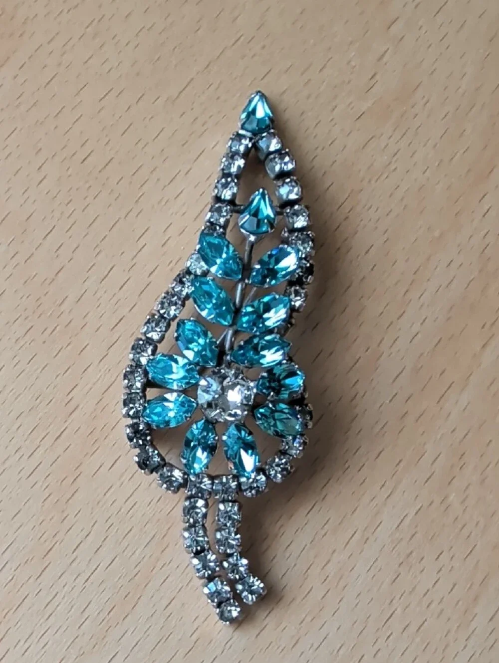 Vintage Blue and Clear Rhinestone Leaf Brooch - Vintage